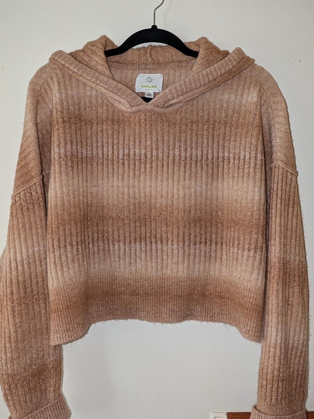 aerie Cropped Ribbed Hoodie Sweater in Tan